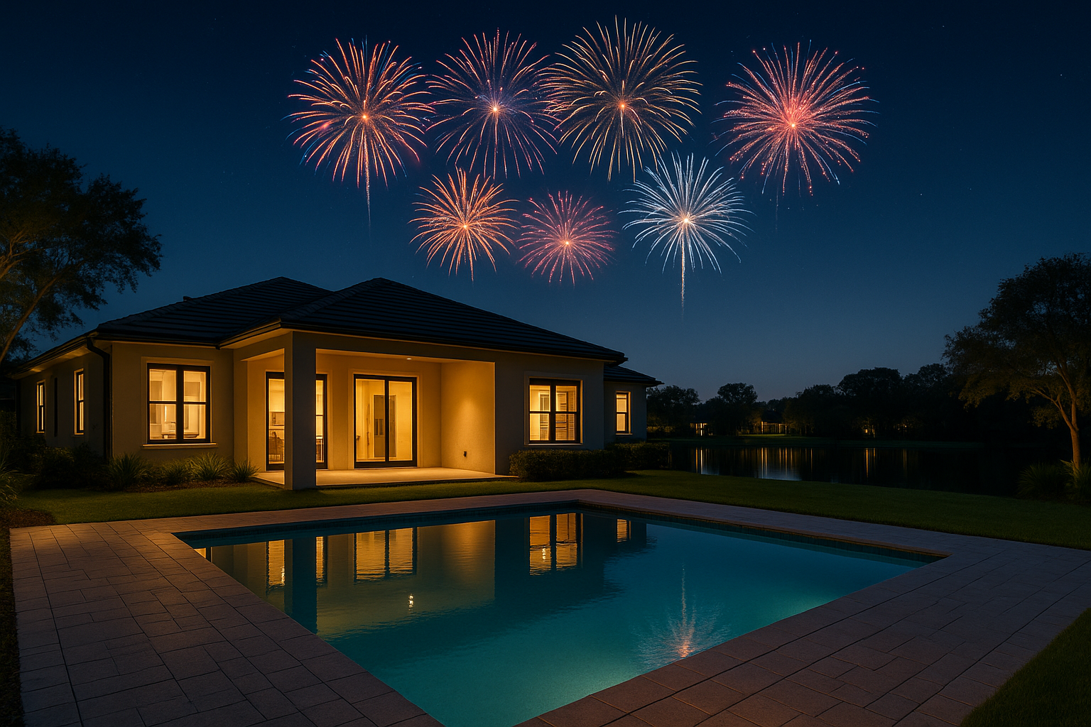 A nighttime view from the backyard of a modern Florida home with warm interior lighting, overlooking a calm lake and a backyard swimming pool, with colorful fireworks lighting up the sky in the distance.