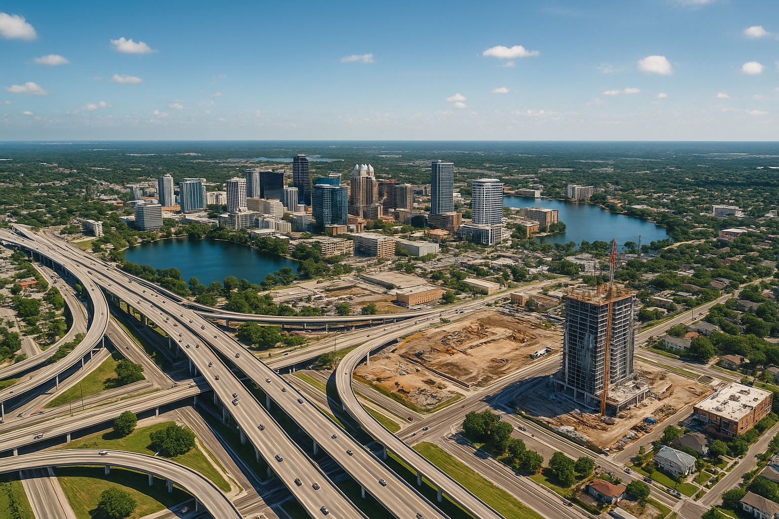 A high-resolution aerial photograph of downtown Orlando, Florida, showing modern skyscrapers, multiple lakes, major highway interchanges, and active construction sites under a bright blue sky.
