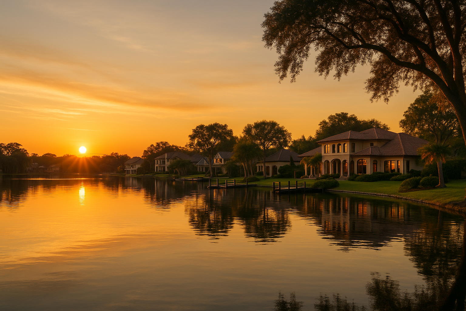 “Sunset over Windermere Florida’s Butler Chain of Lakes with lakefront homes.”